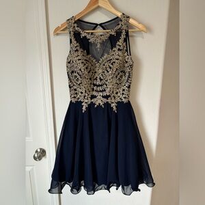 Blue and gold embellished cocktail gown